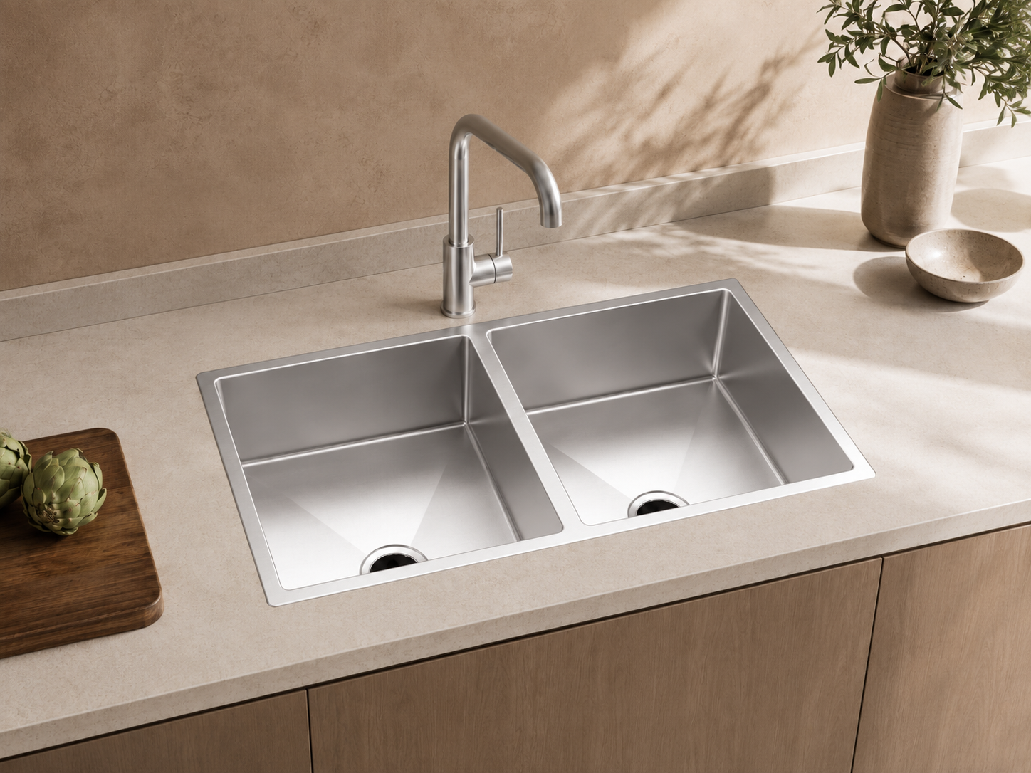 Sonar Hand-Made Double Kitchen Sink - Brushed Stainless Steel