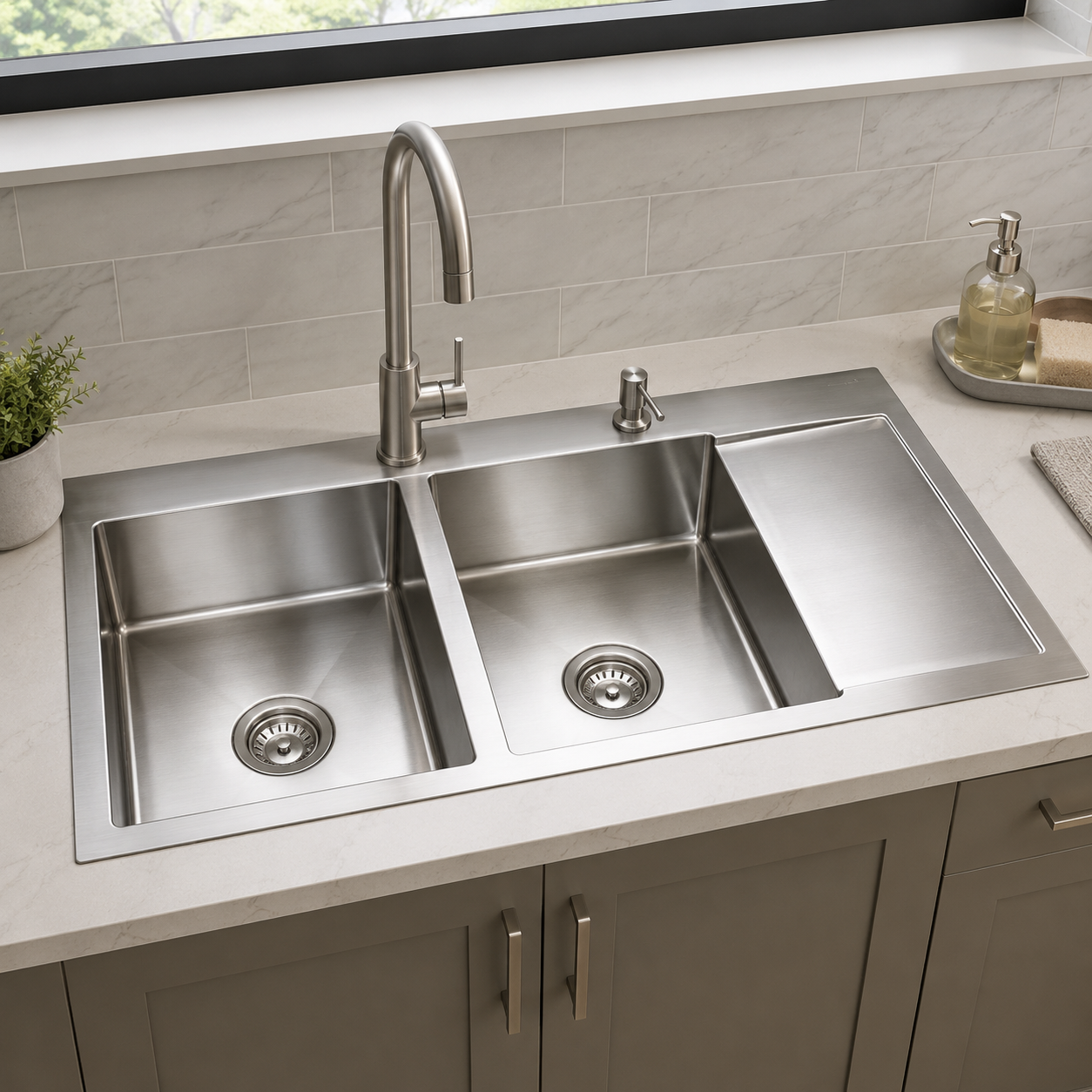 Trvaller Hand-Made Double Kitchen Sink - Brushed Stainless Steel