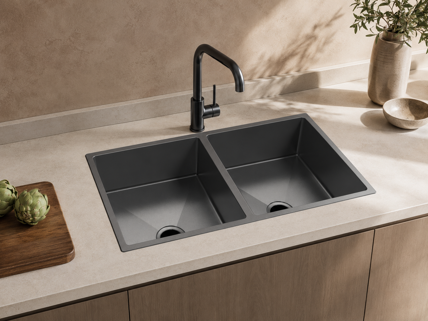Sonar Hand-Made Double Kitchen Sink - Titanium Black