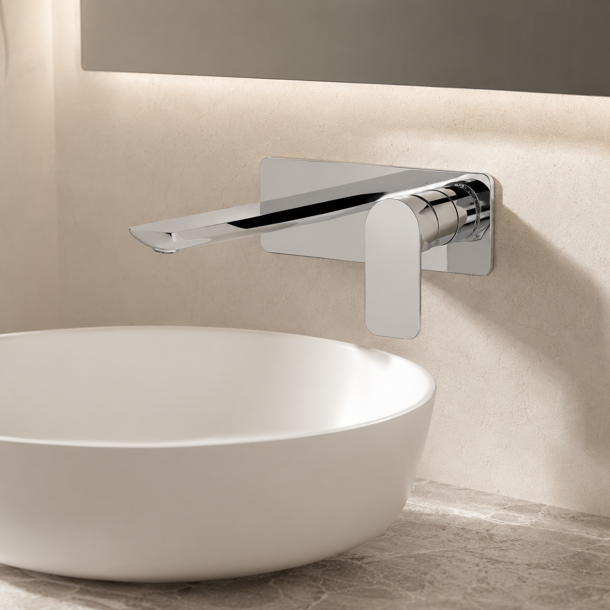 Edge Basin Wall Mixer With Spout - Chrome Plated