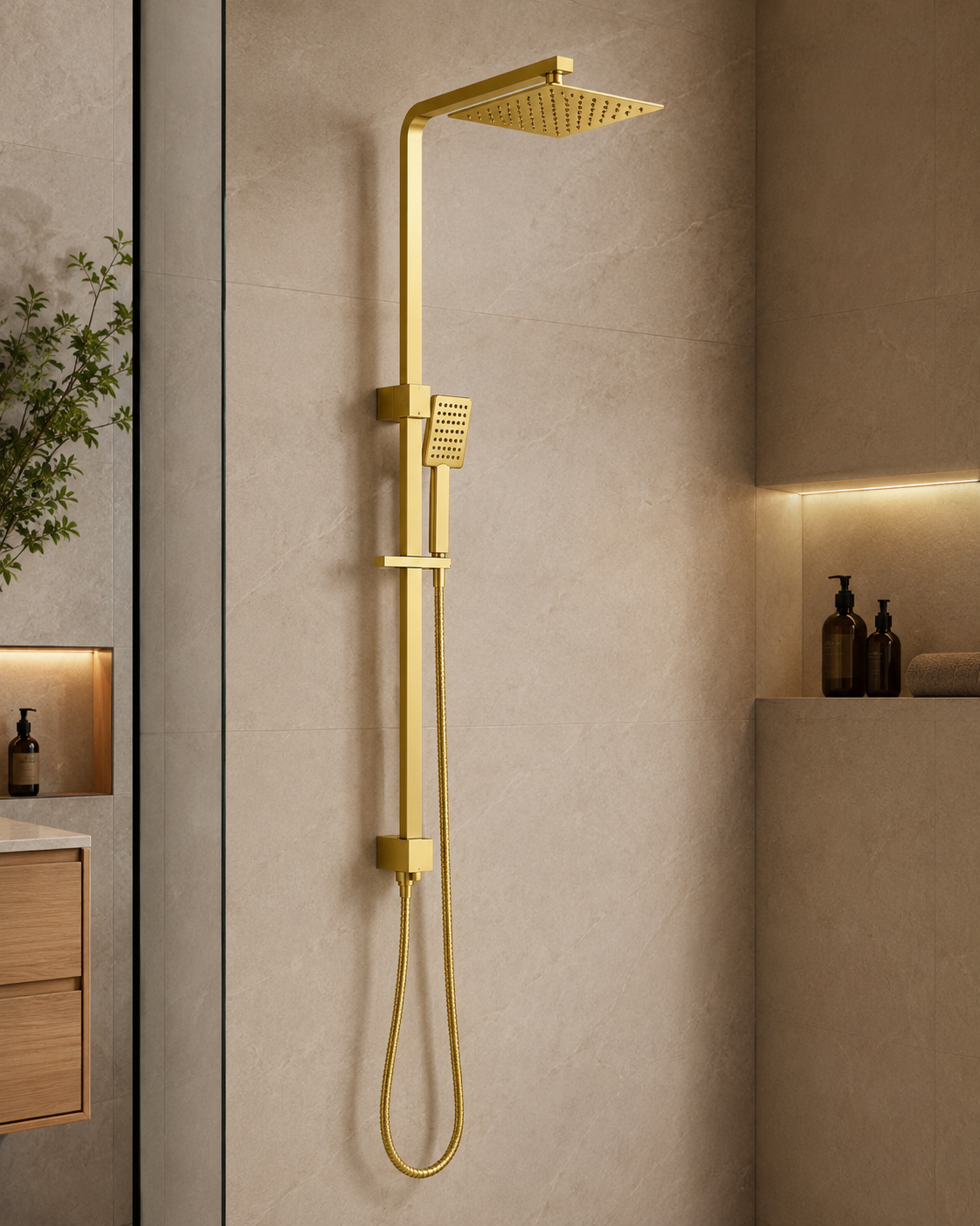 Sonar Square Rail Shower with Overhead - Brushed Gold