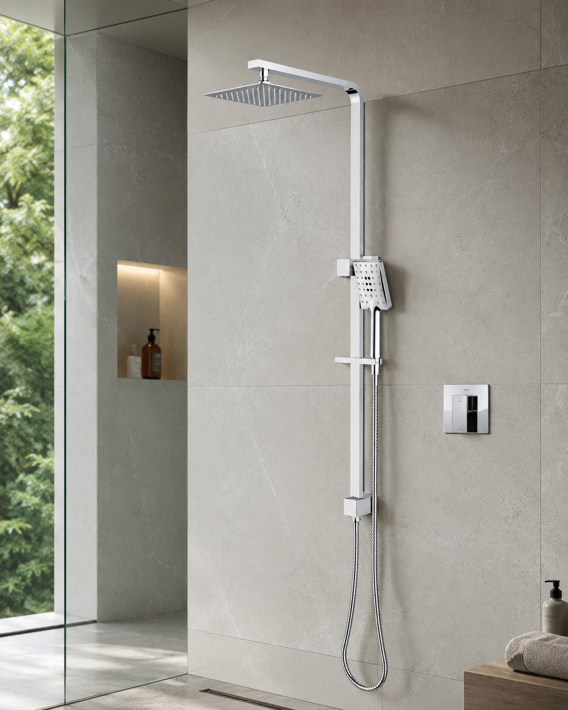 Trvaller Square Rail Shower with Overhead - Chrome Plated